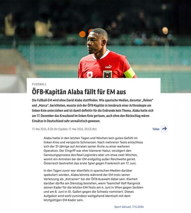 Erfolgreiche Knie-Operation von ÖFB-Kapitän David Alaba!